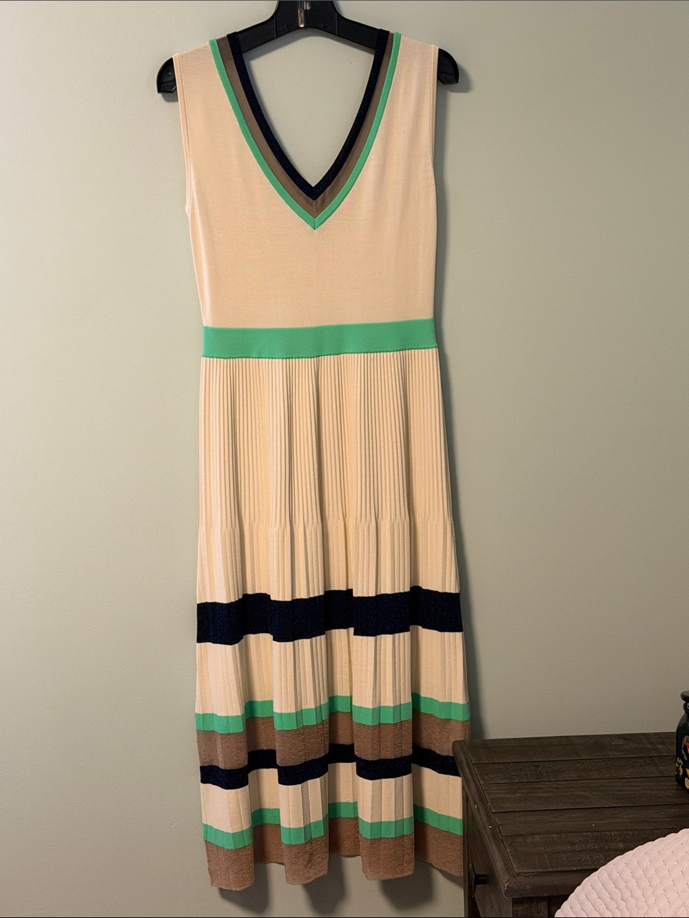 MaxMara Sleeveless V-Neck Maxi Dress in Cream with Green, Navy and Tan Stripes